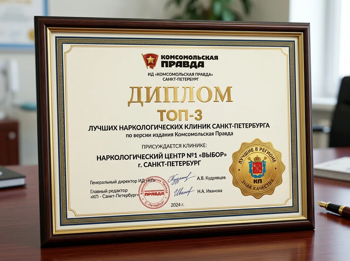 Диплом ТОП-3 наркологических клиник Санкт-Петербурга от издания Комсомольская правда, золотая эмблема, официальный документ