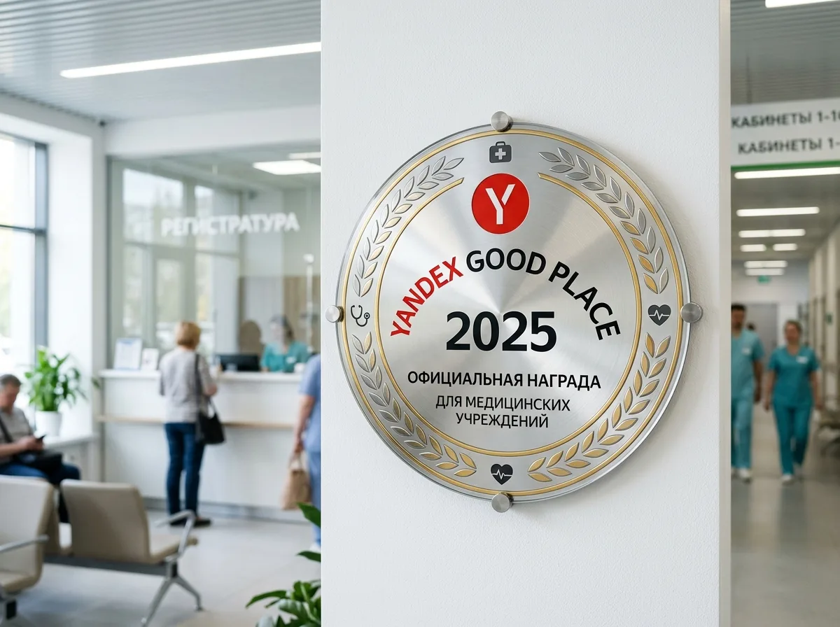 Бейдж Яндекс Хорошее место 2025, белый фон, красный логотип Яндекса, официальная награда для медицинских учреждений